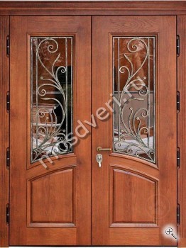 Коричневая двустворчатая дверь со стеклом и ковкой - купить от производителя Мосдвери Коричневая двустворчатая дверь со стеклом и ковкой